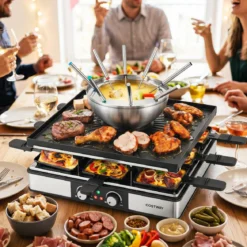 Raclette Grill mit Fondue 2200 W Elektrogrill für 8 Personnen mit Antihafter Grillplatte & 8 Pfannen