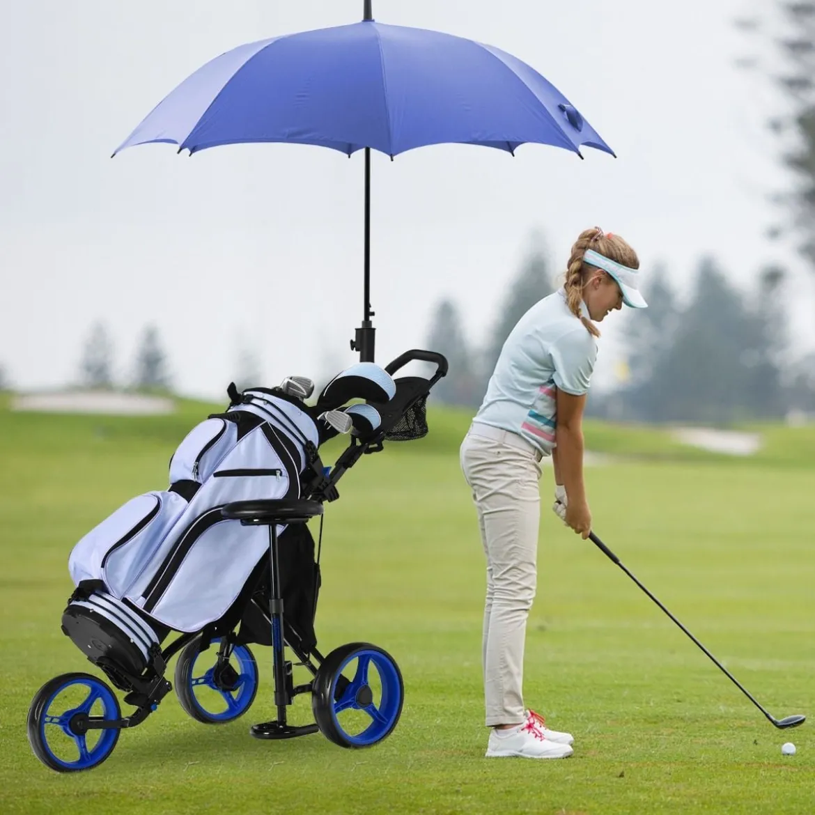 3 Rad Golf Trolley aus Aluminum mit Schirmhalter & Sitz Klappbare Golfwagen Golfcaddy Blau