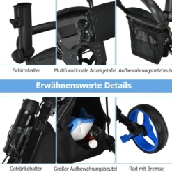 3 Rad Golf Trolley aus Aluminum mit Schirmhalter & Sitz Klappbare Golfwagen Golfcaddy Blau