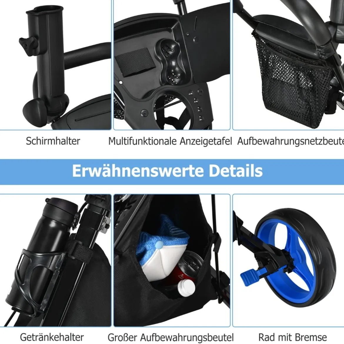 3 Rad Golf Trolley aus Aluminum mit Schirmhalter & Sitz Klappbare Golfwagen Golfcaddy Blau