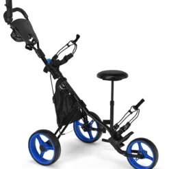 3 Rad Golf Trolley aus Aluminum mit Schirmhalter & Sitz Klappbare Golfwagen Golfcaddy Blau