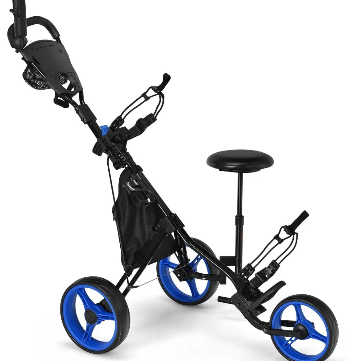 3 Rad Golf Trolley aus Aluminum mit Schirmhalter & Sitz Klappbare Golfwagen Golfcaddy Blau