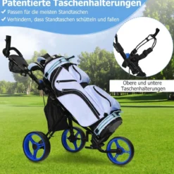 3 Rad Golf Trolley aus Aluminum mit Schirmhalter & Sitz Klappbare Golfwagen Golfcaddy Blau