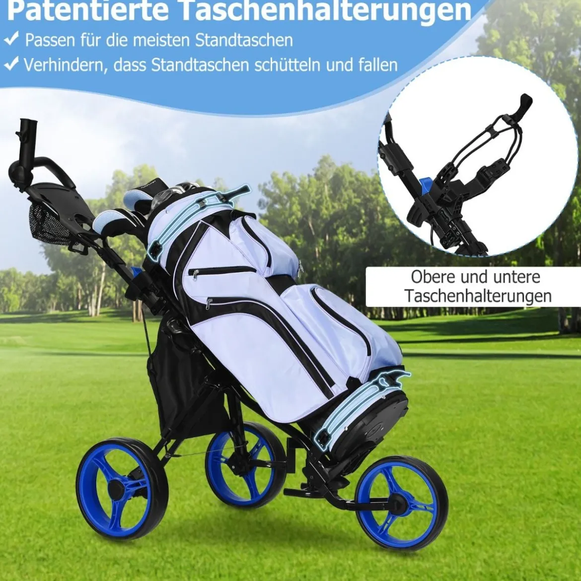 3 Rad Golf Trolley aus Aluminum mit Schirmhalter & Sitz Klappbare Golfwagen Golfcaddy Blau