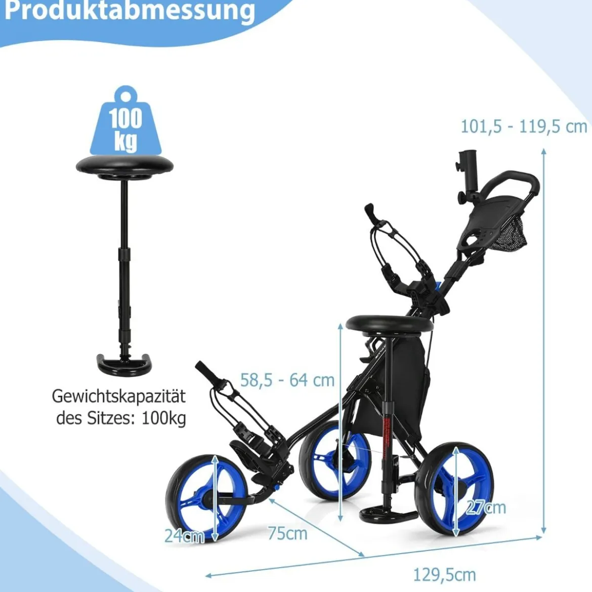 3 Rad Golf Trolley aus Aluminum mit Schirmhalter & Sitz Klappbare Golfwagen Golfcaddy Blau