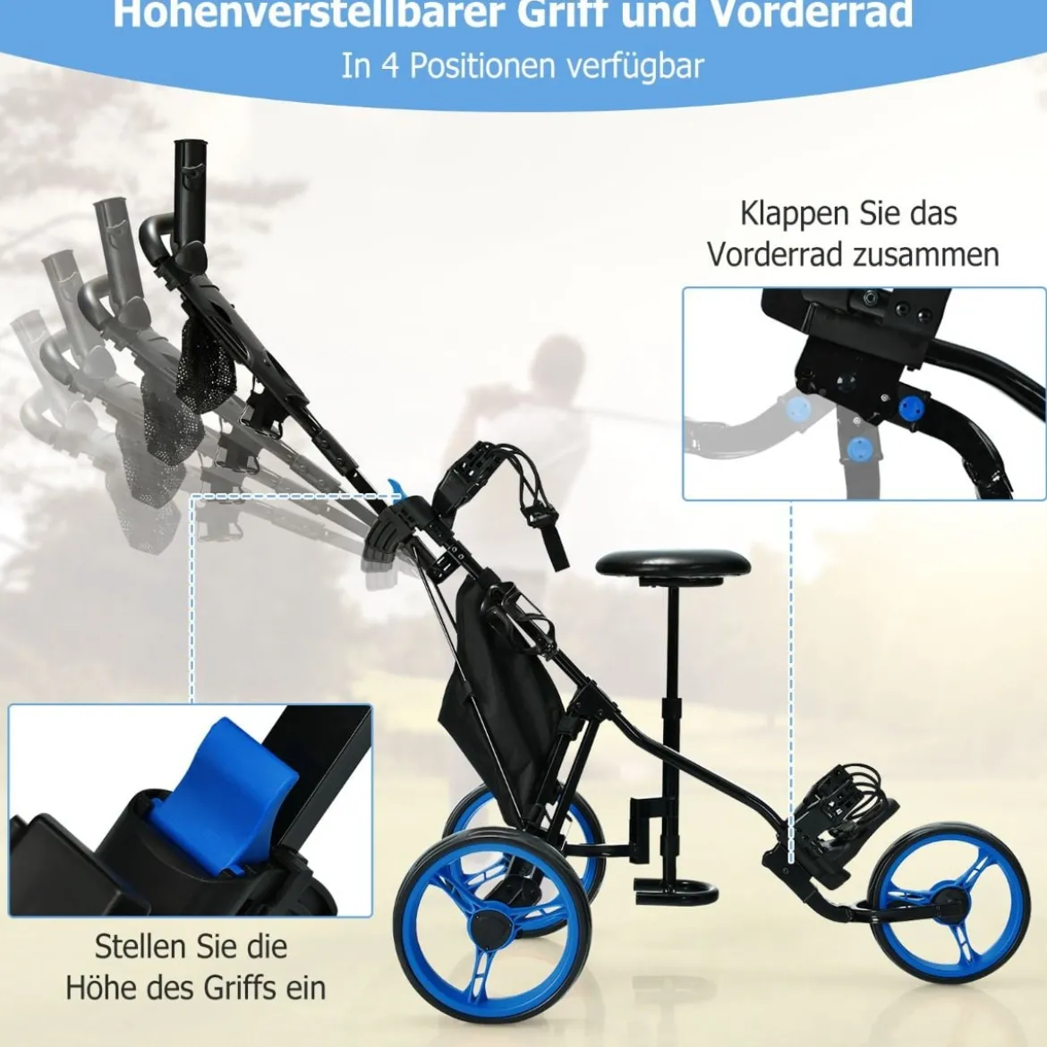 3 Rad Golf Trolley aus Aluminum mit Schirmhalter & Sitz Klappbare Golfwagen Golfcaddy Blau