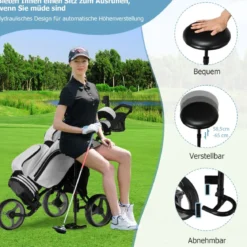 3 Rad Golf Trolley aus Aluminum mit Schirmhalter & Sitz Klappbare Golfwagen Golfcaddy Grau