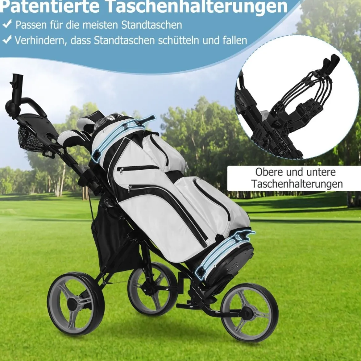 3 Rad Golf Trolley aus Aluminum mit Schirmhalter & Sitz Klappbare Golfwagen Golfcaddy Grau