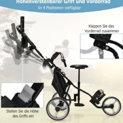 3 Rad Golf Trolley aus Aluminum mit Schirmhalter & Sitz Klappbare Golfwagen Golfcaddy Grau