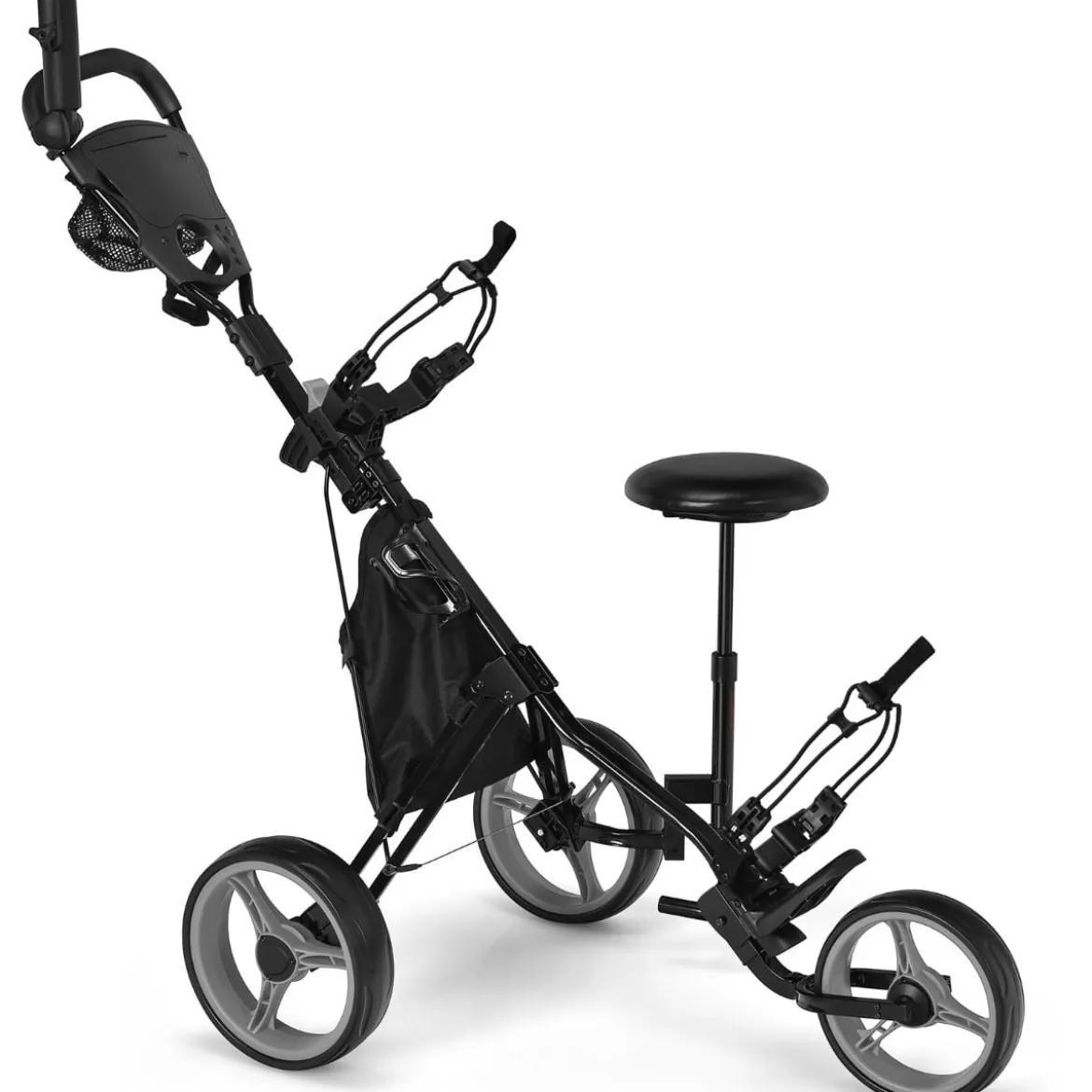 3 Rad Golf Trolley aus Aluminum mit Schirmhalter & Sitz Klappbare Golfwagen Golfcaddy Grau