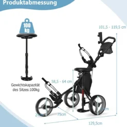 3 Rad Golf Trolley aus Aluminum mit Schirmhalter & Sitz Klappbare Golfwagen Golfcaddy Grau