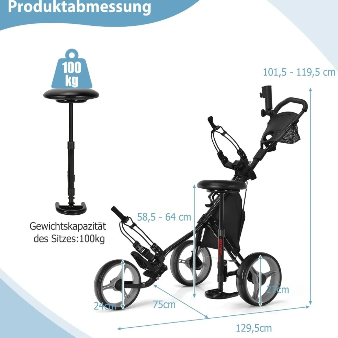 3 Rad Golf Trolley aus Aluminum mit Schirmhalter & Sitz Klappbare Golfwagen Golfcaddy Grau