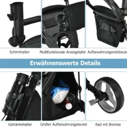 3 Rad Golf Trolley aus Aluminum mit Schirmhalter & Sitz Klappbare Golfwagen Golfcaddy Grau