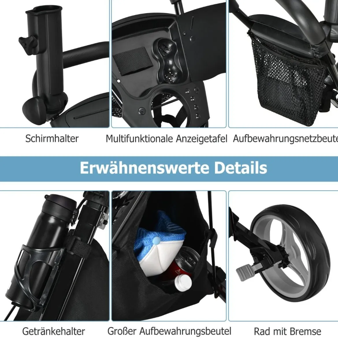 3 Rad Golf Trolley aus Aluminum mit Schirmhalter & Sitz Klappbare Golfwagen Golfcaddy Grau