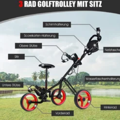3-Rad Golftrolley klappbar mit verstellbarem Sitz und Griff Schiebewagen Golfcaddy Rot