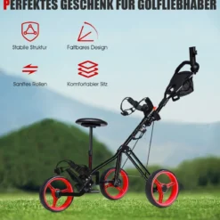 3-Rad Golftrolley klappbar mit verstellbarem Sitz und Griff Schiebewagen Golfcaddy Rot