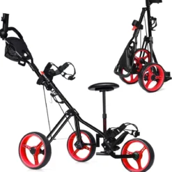 3-Rad Golftrolley klappbar mit verstellbarem Sitz und Griff Schiebewagen Golfcaddy Rot