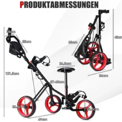3-Rad Golftrolley klappbar mit verstellbarem Sitz und Griff Schiebewagen Golfcaddy Rot