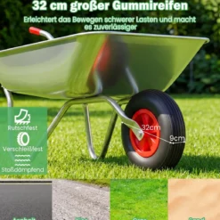 1-Rad Schubkarrenwagen mit 2 Griffen & Großem Gummireifen Schwerlast Metall Kippwagen