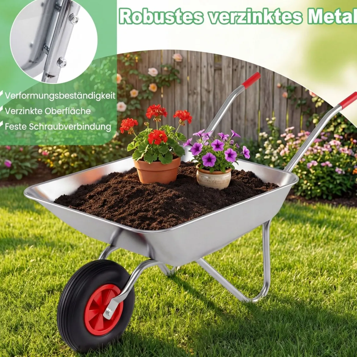 1-Rad Schubkarrenwagen mit 2 Griffen & Großem Gummireifen Schwerlast Metall Kippwagen