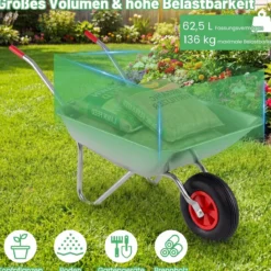 1-Rad Schubkarrenwagen mit 2 Griffen & Großem Gummireifen Schwerlast Metall Kippwagen