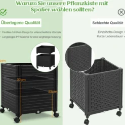 Rankhilfe mit Blumenkasten auf Rollen beschichtetes Metall & PP höhenverstellbar 42 x 42 x 219 cm Schwarz