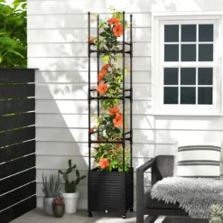 Rankhilfe mit Blumenkasten auf Rollen beschichtetes Metall & PP höhenverstellbar 42 x 42 x 219 cm Schwarz