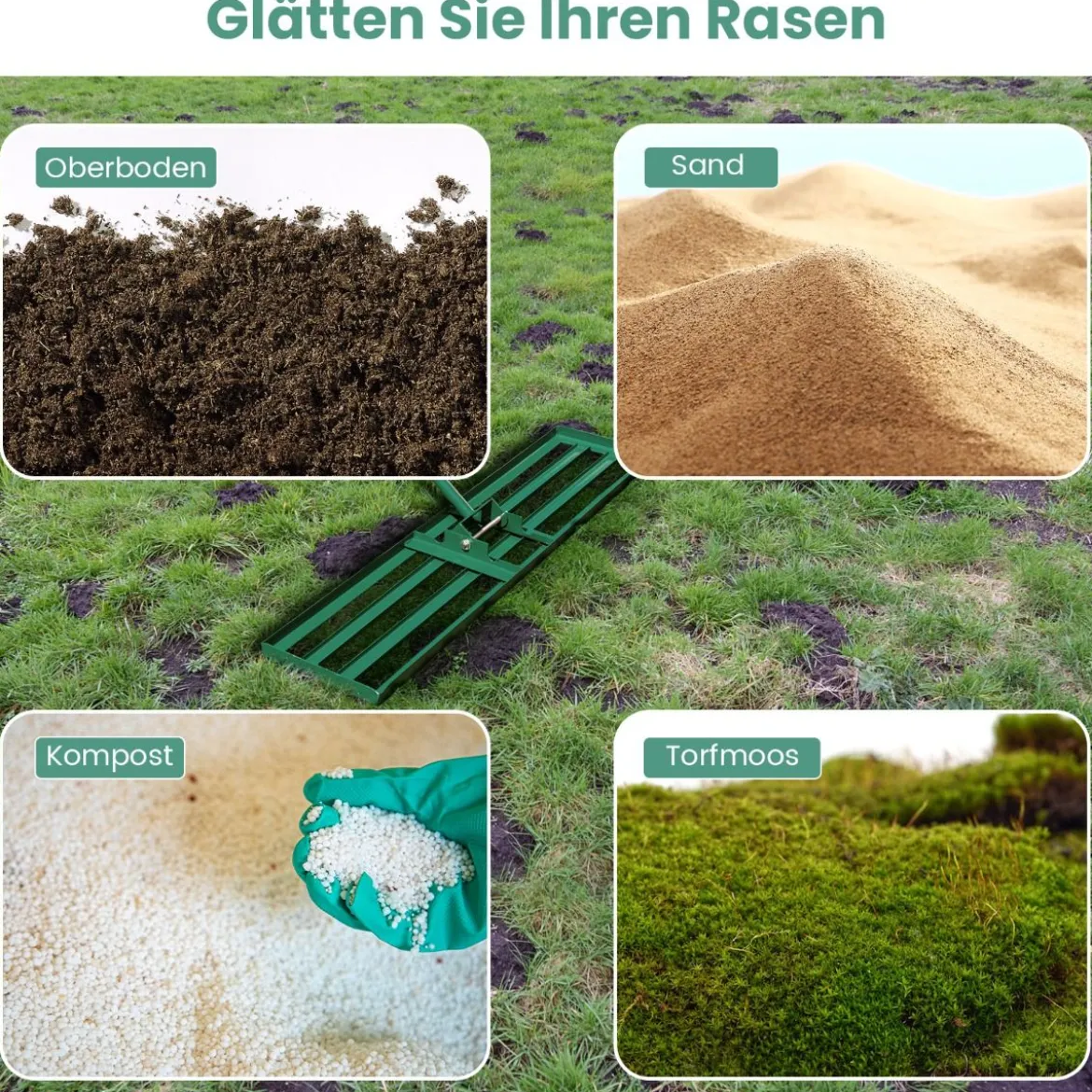 Rasen Nivellierrechen mit Ergonomischem Griff Metall Rasenrechen Nivellierung Flächenebner