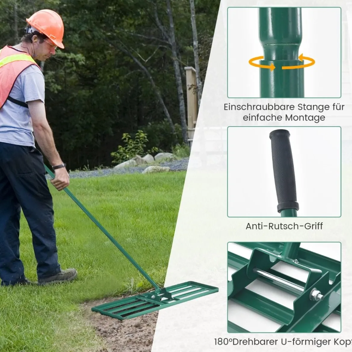 Rasen Nivellierrechen mit Ergonomischem Griff Metall Rasenrechen Nivellierung Flächenebner