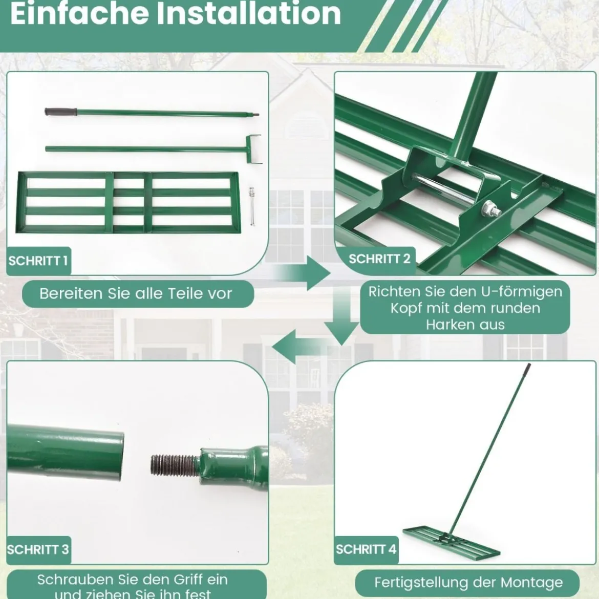 Rasen Nivellierrechen mit Ergonomischem Griff Metall Rasenrechen Nivellierung Flächenebner