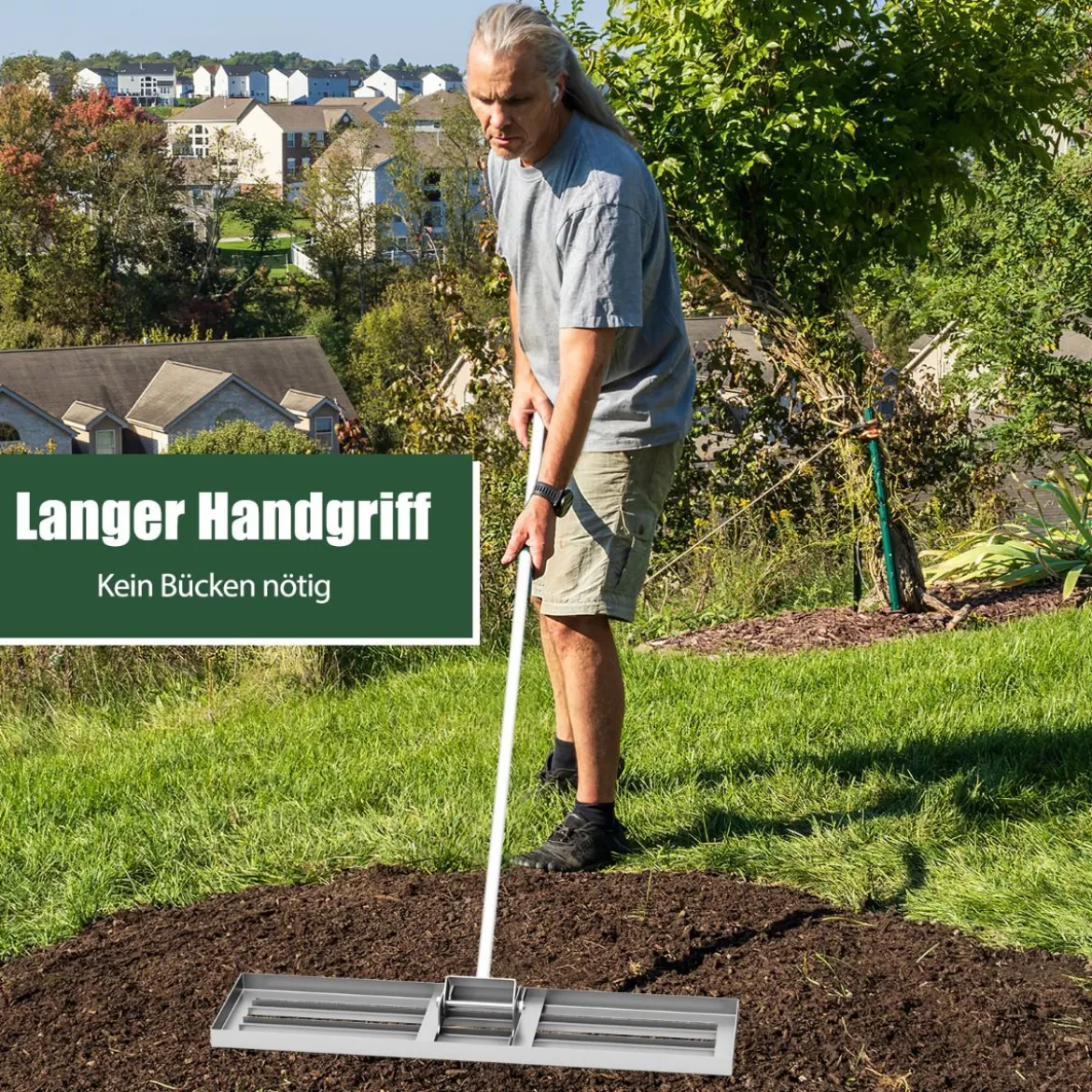 Rasen Nivellierrechen mit Ergonomischem Griff Metall Rasenrechen Nivellierung Flächenebner