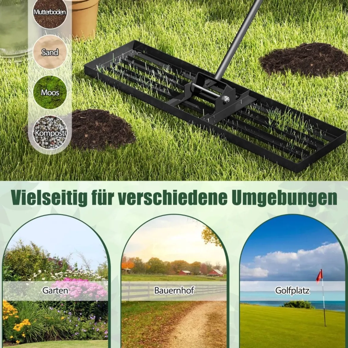 Rasen Nivellierrechen mit Ergonomischem Griff Metall Rasenrechen Nivellierung Flächenebner