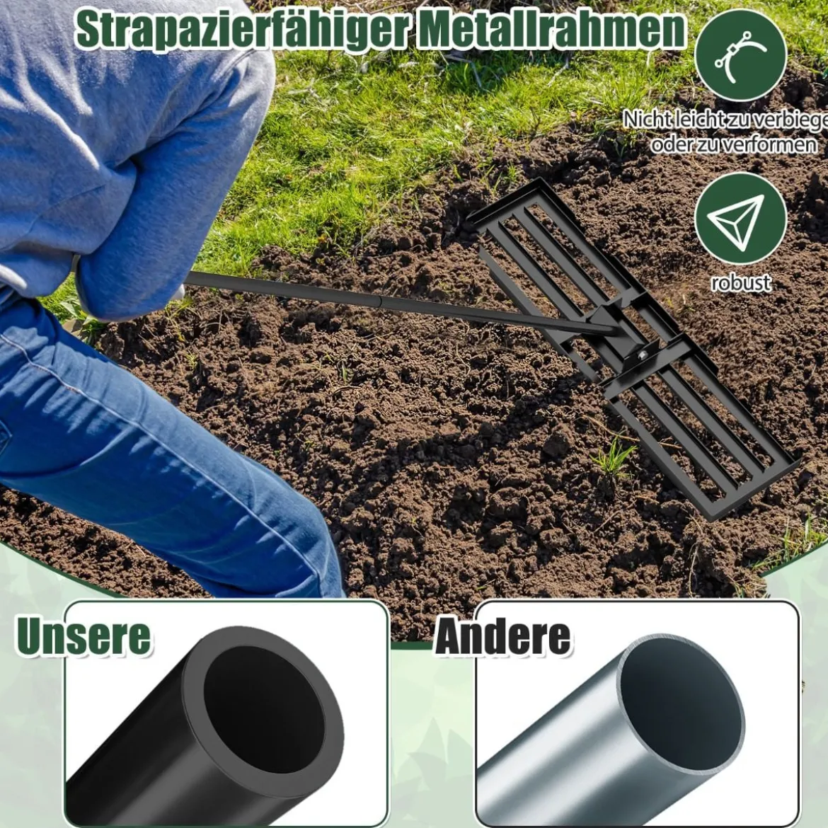 Rasen Nivellierrechen mit Ergonomischem Griff Metall Rasenrechen Nivellierung Flächenebner
