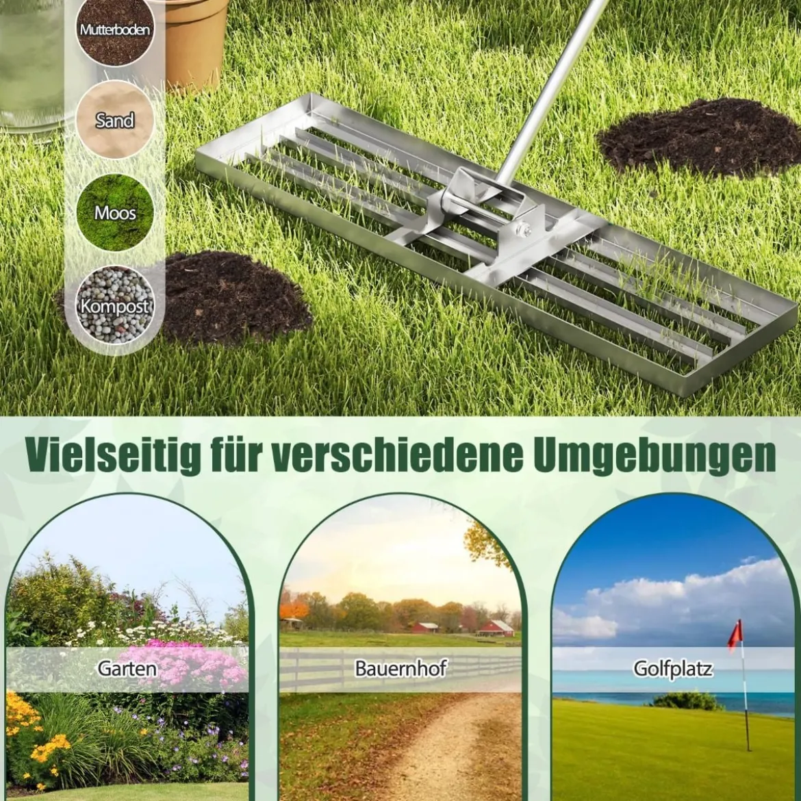 Rasen Nivellierrechen mit Ergonomischem Griff Metall Rasenrechen Nivellierung Flächenebner