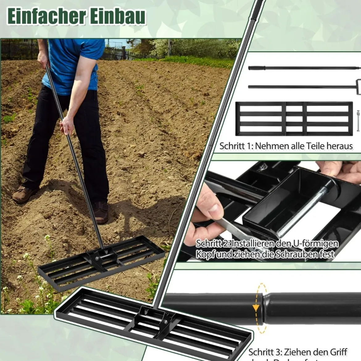 Rasen Nivellierrechen mit Ergonomischem Griff Metall Rasenrechen Nivellierung Flächenebner