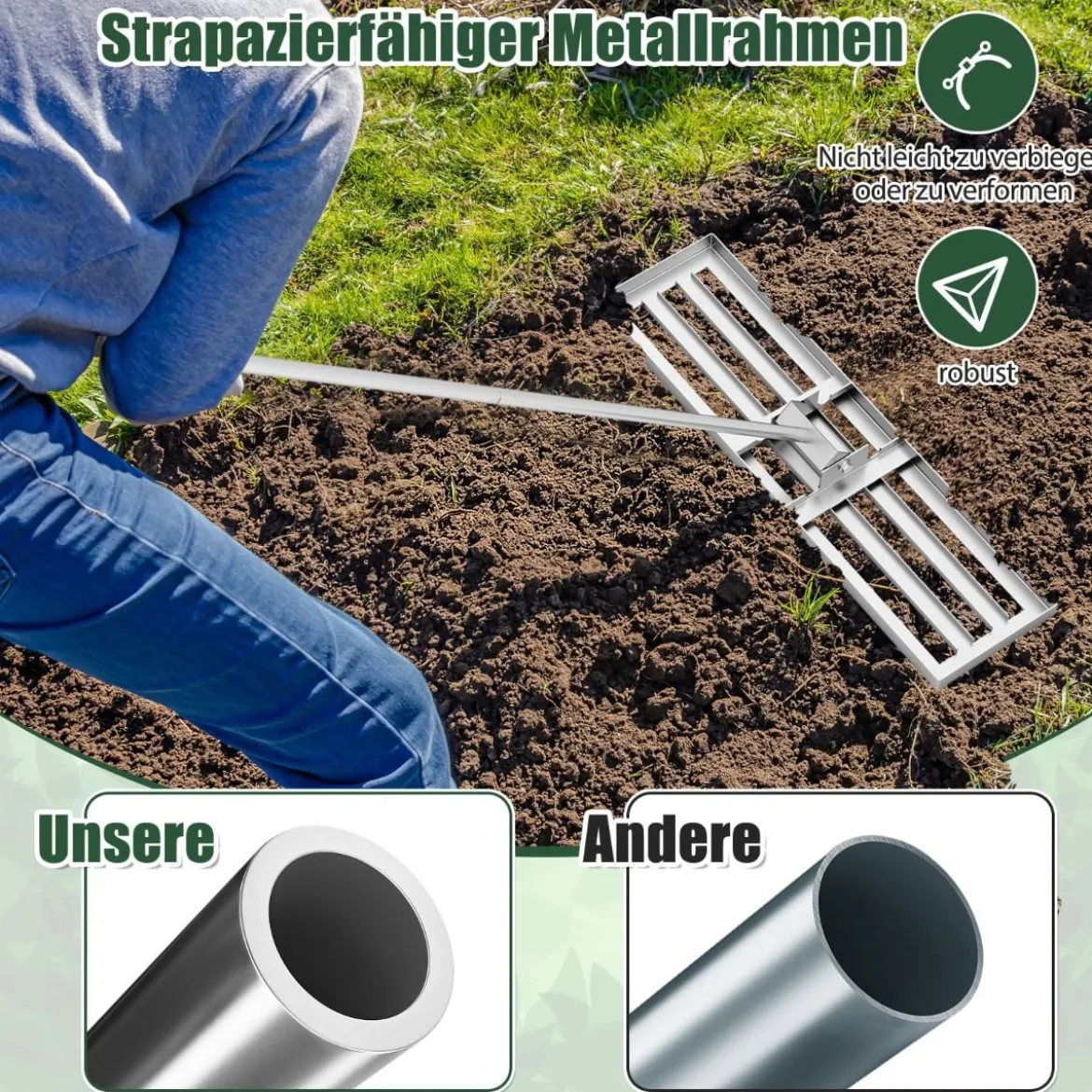 Rasen Nivellierrechen mit Ergonomischem Griff Metall Rasenrechen Nivellierung Flächenebner
