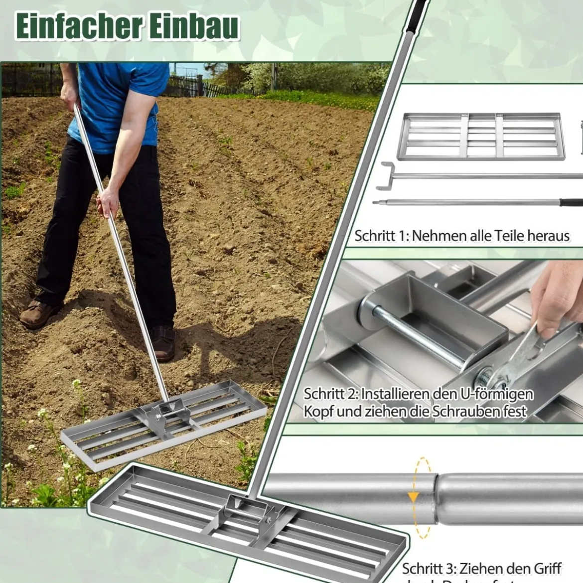 Rasen Nivellierrechen mit Ergonomischem Griff Metall Rasenrechen Nivellierung Flächenebner