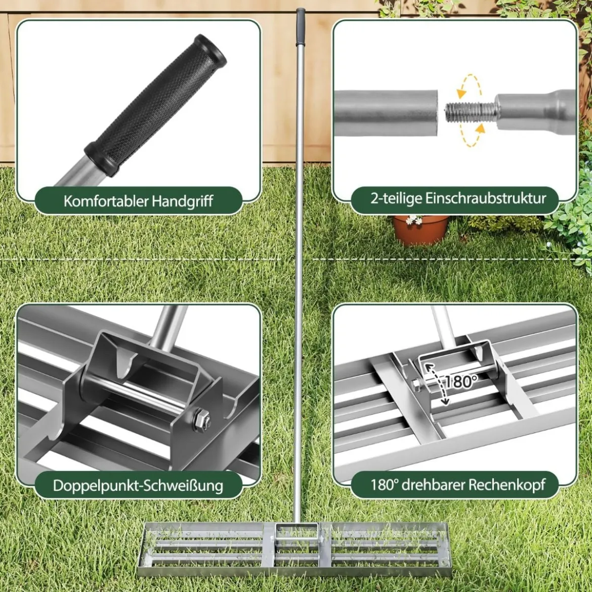 Rasen Nivellierrechen mit Ergonomischem Griff Metall Rasenrechen Nivellierung Flächenebner