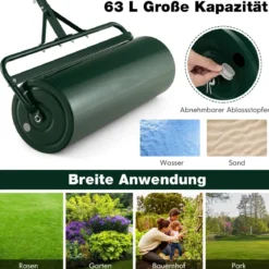Rasenwalze aus Metall Graswalze zum Schieben oder Ziehen 99 x 30 x 137 cm Grün