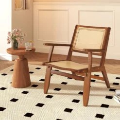 Rattan Akzentstuhl mit Ergonomischer Rückenlehne & Armlehne Bambus Esszimmerstuhl