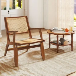 Rattan Akzentstuhl mit Ergonomischer Rückenlehne & Armlehne Bambus Esszimmerstuhl
