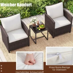 Rattan Balkonset inkl. 2 Stühle mit Kissen & Tisch aus Glas Outdoor Sitzgruppe Balkonmöbel Braun-Beige