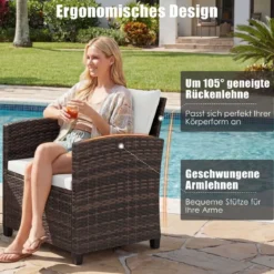 Rattan Balkonset inkl. 2 Stühle mit Kissen & Tisch aus Glas Outdoor Sitzgruppe Balkonmöbel Braun-Beige