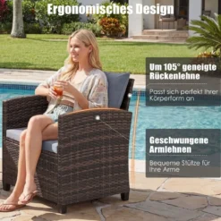 Rattan Balkonset inkl. 2 Stühle mit Kissen & Tisch aus Glas Outdoor Sitzgruppe Balkonmöbel Braun-Grau