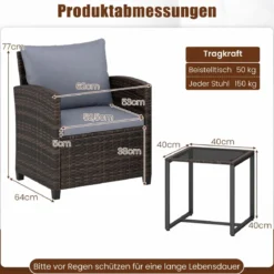 Rattan Balkonset inkl. 2 Stühle mit Kissen & Tisch aus Glas Outdoor Sitzgruppe Balkonmöbel Braun-Grau