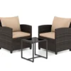 Rattan Balkonset inkl. 2 Stühle mit Kissen & Tisch aus Glas Outdoor Sitzgruppe Balkonmöbel Braun-Khaki