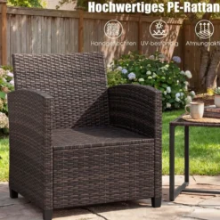 Rattan Balkonset inkl. 2 Stühle mit Kissen & Tisch aus Glas Outdoor Sitzgruppe Balkonmöbel Braun-Khaki