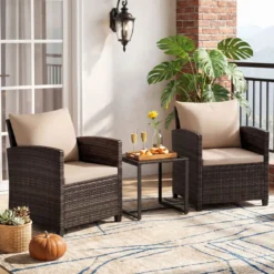 Rattan Balkonset inkl. 2 Stühle mit Kissen & Tisch aus Glas Outdoor Sitzgruppe Balkonmöbel Braun-Khaki