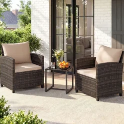 Rattan Balkonset inkl. 2 Stühle mit Kissen & Tisch aus Glas Outdoor Sitzgruppe Balkonmöbel Braun-Khaki