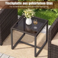 Rattan Balkonset inkl. 2 Stühle mit Kissen & Tisch aus Glas Outdoor Sitzgruppe Balkonmöbel Braun-Khaki
